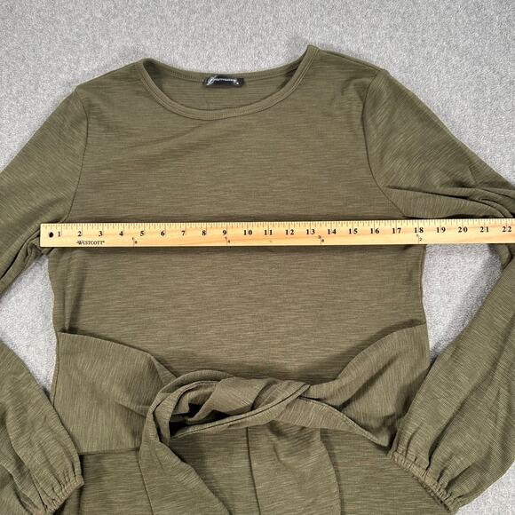 PrettyGarden Tie Front Dress Women's Medium Olive Green Ribbed Long Sleeve - Picture 7 of 8